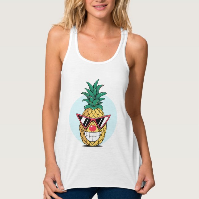Smiling pineapple wearing sunglasses & clown nose tank top (Front)