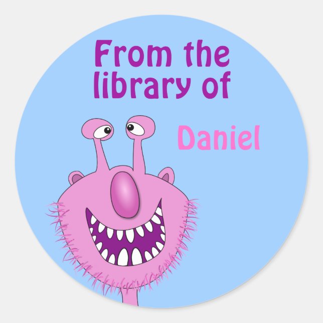 Smiling Pink Cute Monster Kids Custom Bookplate (Front)