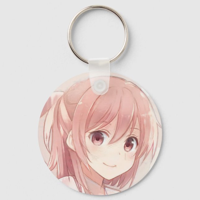 Smiling pink hair anime girl pink eyes manga keychain (Front)