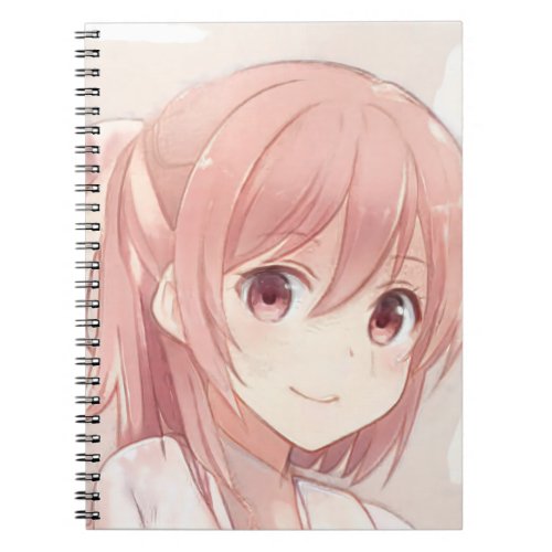 Smiling pink hair anime girl pink eyes manga notebook