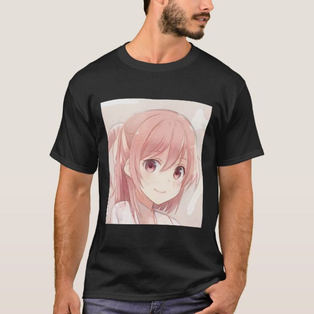 Smiling pink hair anime girl pink eyes manga T-Shirt (Front)