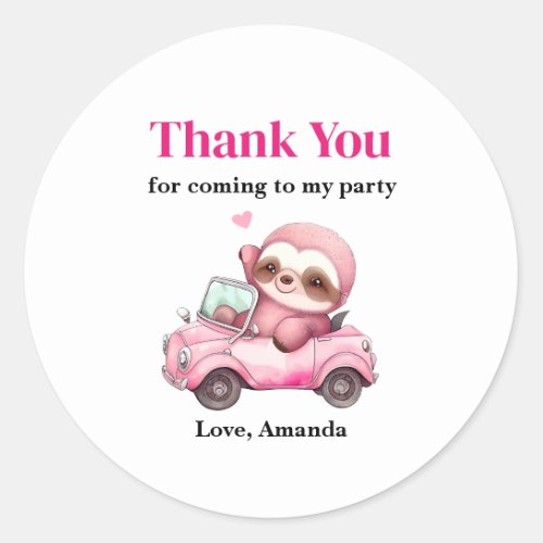 Smiling Pink Sloth Driving a Car Party Thank You Classic Round Sticker