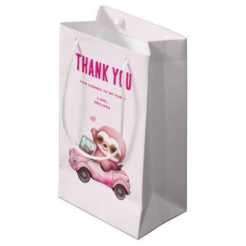 Smiling Pink Sloth Driving a Car Party Thank You Small Gift Bag