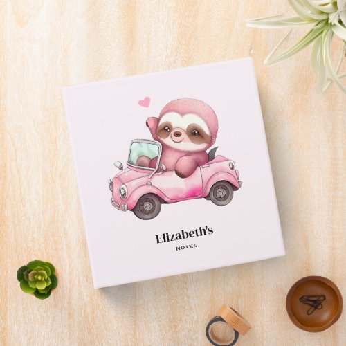 Smiling Pink Sloth Driving a Convertible 3 Ring Binder
