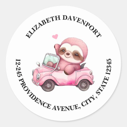 Smiling Pink Sloth Driving a Convertible Address Classic Round Sticker
