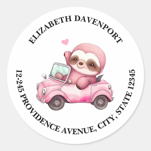 Smiling Pink Sloth Driving a Convertible Address Classic Round Sticker (Front)