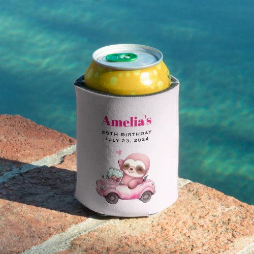 Smiling Pink Sloth Driving a Convertible Birthday Can Cooler