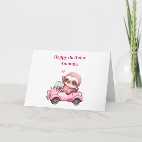 Smiling Pink Sloth Driving a Convertible Birthday Card