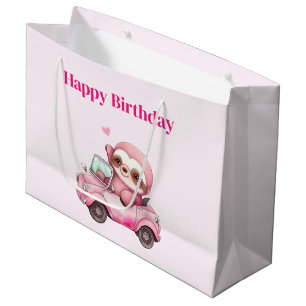 Smiling Pink Sloth Driving a Convertible Birthday Large Gift Bag
