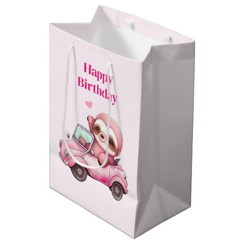 Smiling Pink Sloth Driving a Convertible Birthday Medium Gift Bag