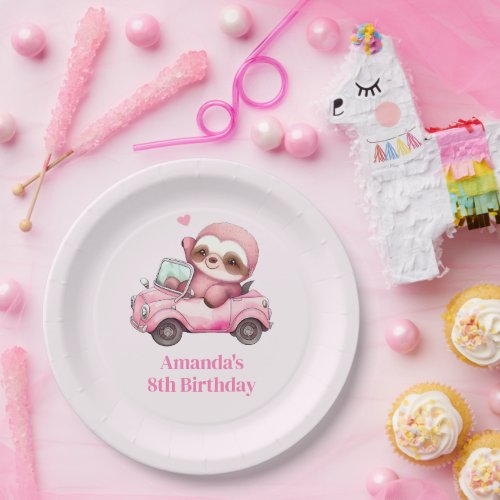 Smiling Pink Sloth Driving a Convertible Birthday Paper Plates