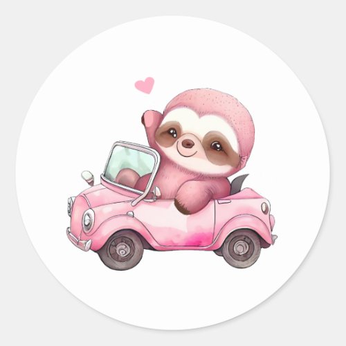 Smiling Pink Sloth Driving a Convertible Classic Round Sticker