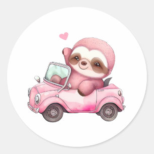 Smiling Pink Sloth Driving a Convertible Classic Round Sticker