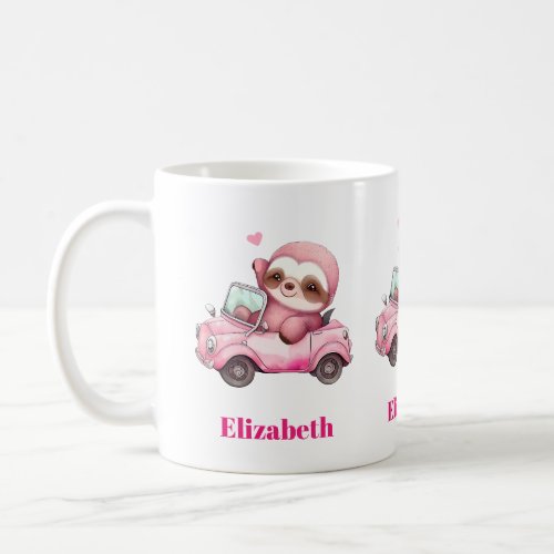 Smiling Pink Sloth Driving a Convertible Coffee Mug