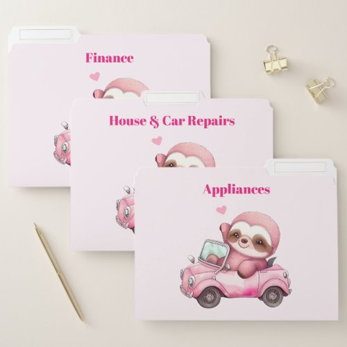 Smiling Pink Sloth Driving a Convertible File Folder