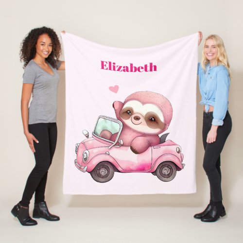 Smiling Pink Sloth Driving a Convertible Fleece Blanket