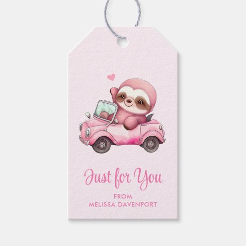 Smiling Pink Sloth Driving a Convertible Gift Tags