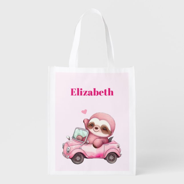 Smiling Pink Sloth Driving a Convertible Grocery Bag (Front)
