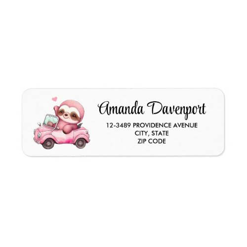 Smiling Pink Sloth Driving a Convertible Label