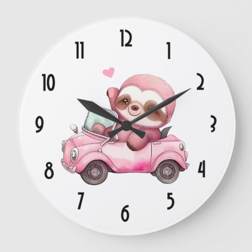 Smiling Pink Sloth Driving a Convertible Large Clock