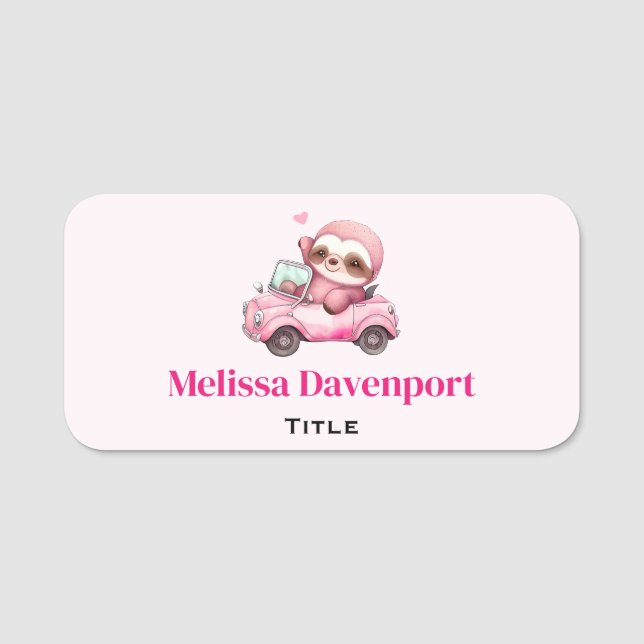 Smiling Pink Sloth Driving a Convertible Name Tag (Front)