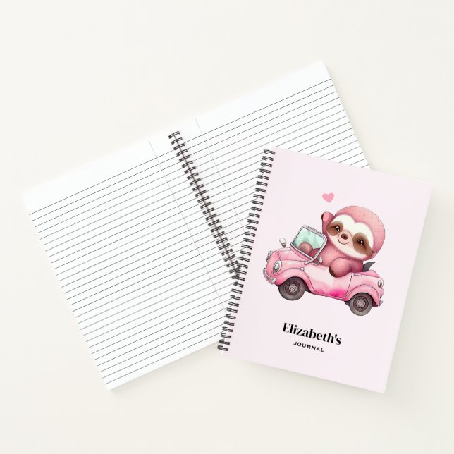 Smiling Pink Sloth Driving a Convertible Notebook (Inside)