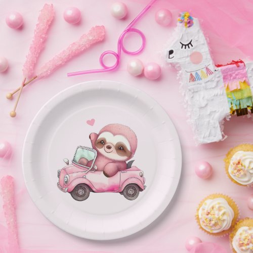 Smiling Pink Sloth Driving a Convertible Paper Plates