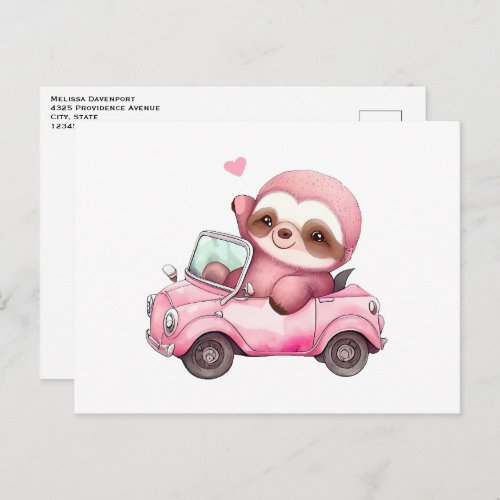 Smiling Pink Sloth Driving a Convertible Postcard