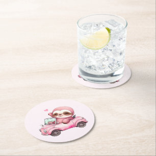 Smiling Pink Sloth Driving a Convertible Round Paper Coaster