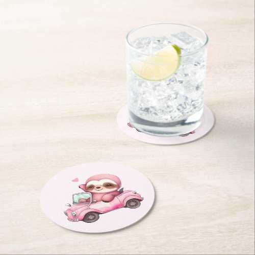Smiling Pink Sloth Driving a Convertible Round Paper Coaster