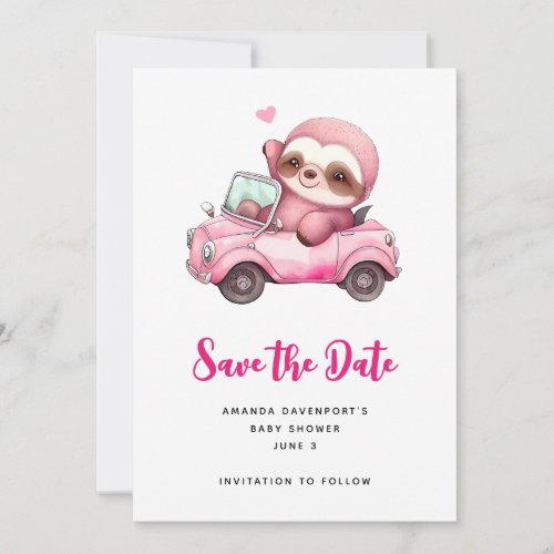 Smiling Pink Sloth Driving a Convertible Save The Date