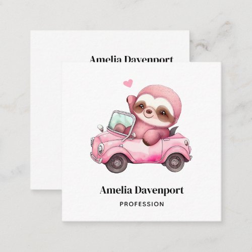 Smiling Pink Sloth Driving a Convertible Square Business Card