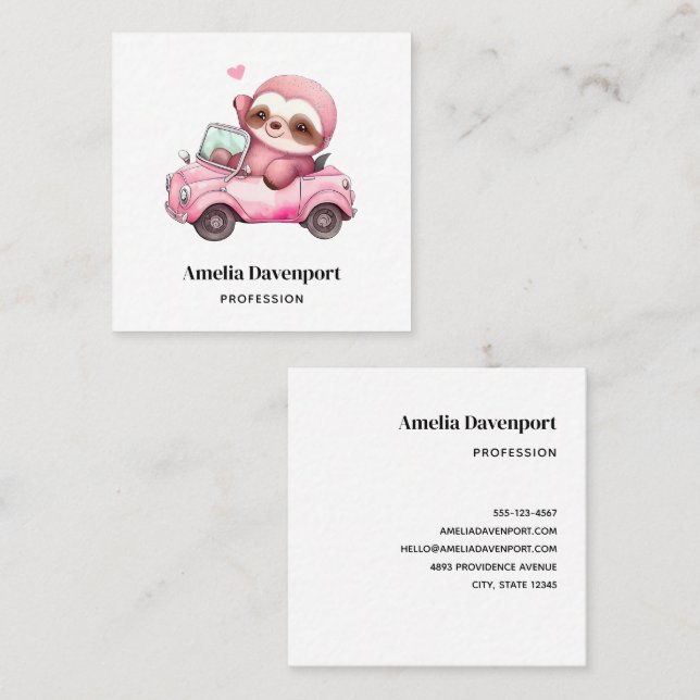 Smiling Pink Sloth Driving a Convertible Square Business Card (Front/Back)
