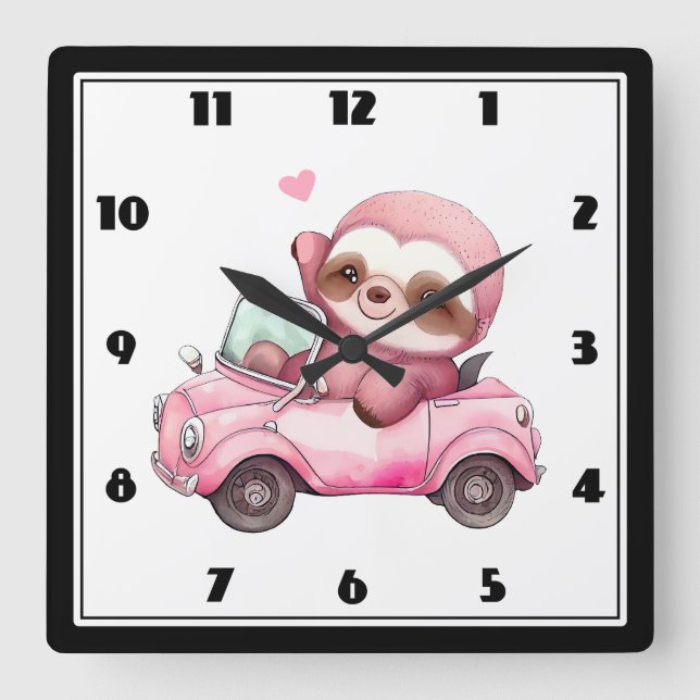 Smiling Pink Sloth Driving a Convertible Square Wall Clock (Front)