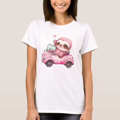 Smiling Pink Sloth Driving a Convertible T_Shirt