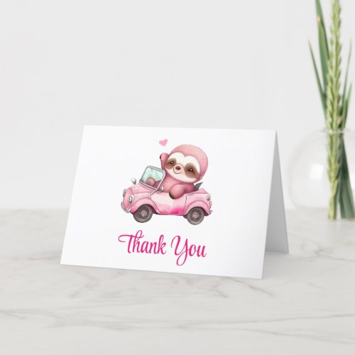 Smiling Pink Sloth Driving a Convertible Thank You Card