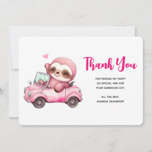 Smiling Pink Sloth Driving a Convertible Thank You Card