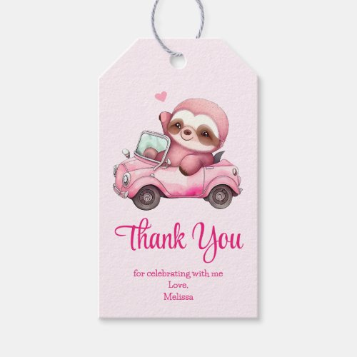 Smiling Pink Sloth Driving a Convertible Thank You Gift Tags