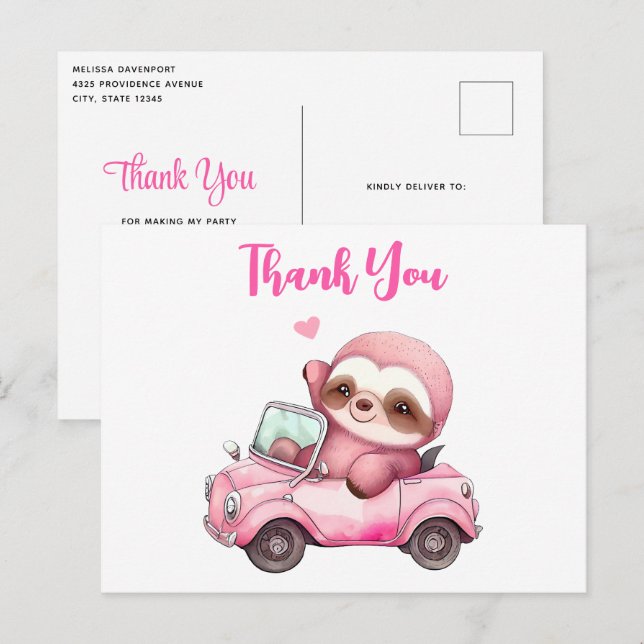 Smiling Pink Sloth Driving a Convertible Thank You Postcard (Front/Back)