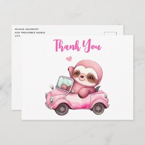 Smiling Pink Sloth Driving a Convertible Thank You Postcard