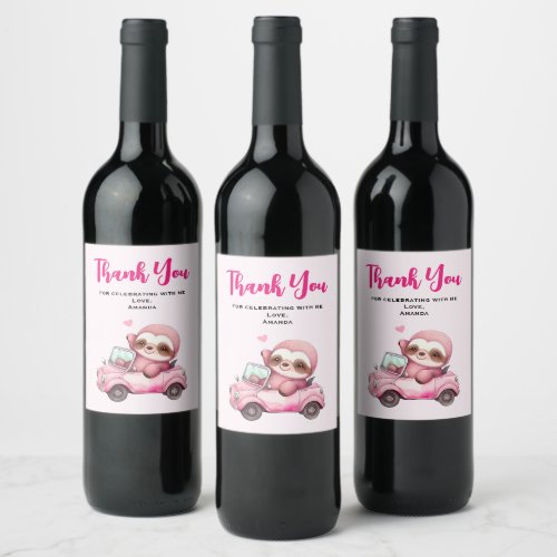 Smiling Pink Sloth Driving a Convertible Thank You Wine Label