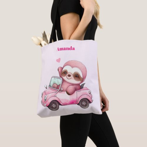 Smiling Pink Sloth Driving a Convertible Tote Bag