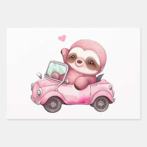 Smiling Pink Sloth Driving a Convertible Wrapping Paper Sheets