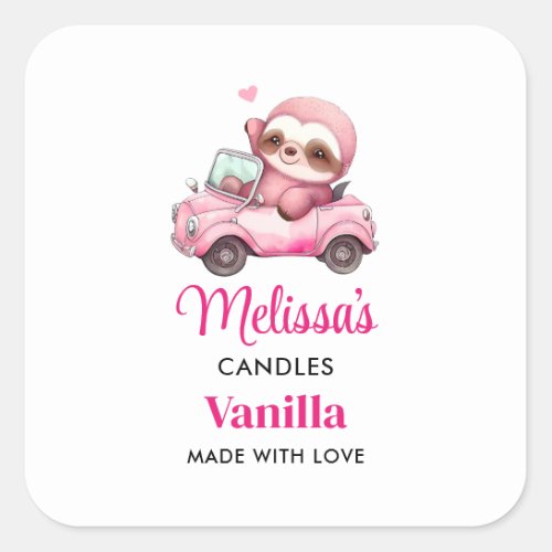 Smiling Pink Sloth in a Car Candle Craft Square Sticker