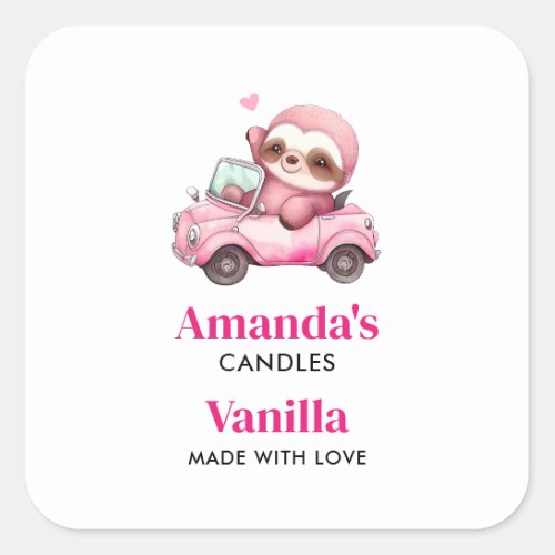 Smiling Pink Sloth in a Car Candle Crafting Square Sticker