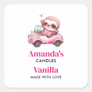Smiling Pink Sloth in a Car Candle Crafting Square Sticker