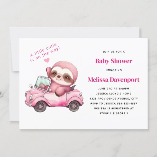 Smiling Pink Sloth in a Convertible Baby Shower Invitation