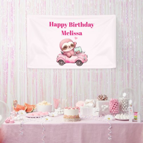 Smiling Pink Sloth in a Convertible Happy Birthday Banner