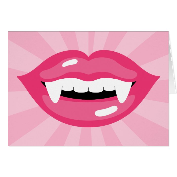 Smiling Pink Vampire Lips With Fangs Cards