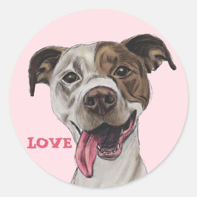 Smiling Pit Bull Terrier Dog Drawing LOVE Classic Round Sticker (Front)
